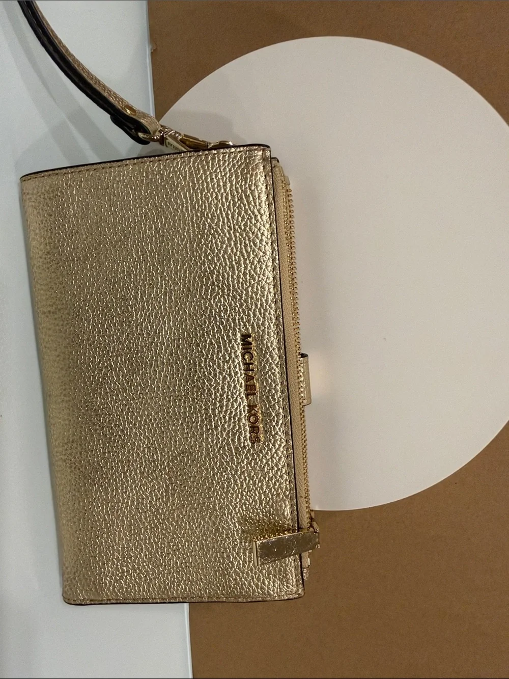 Michael Kors Metallic Gold Leather Wristlet Clutch new with tag women